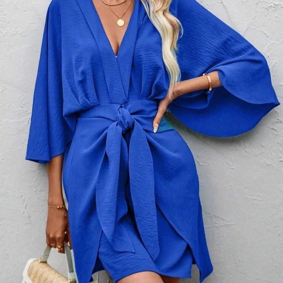 Batwing sleeve wrap knot front dress - Picture 2 of 4